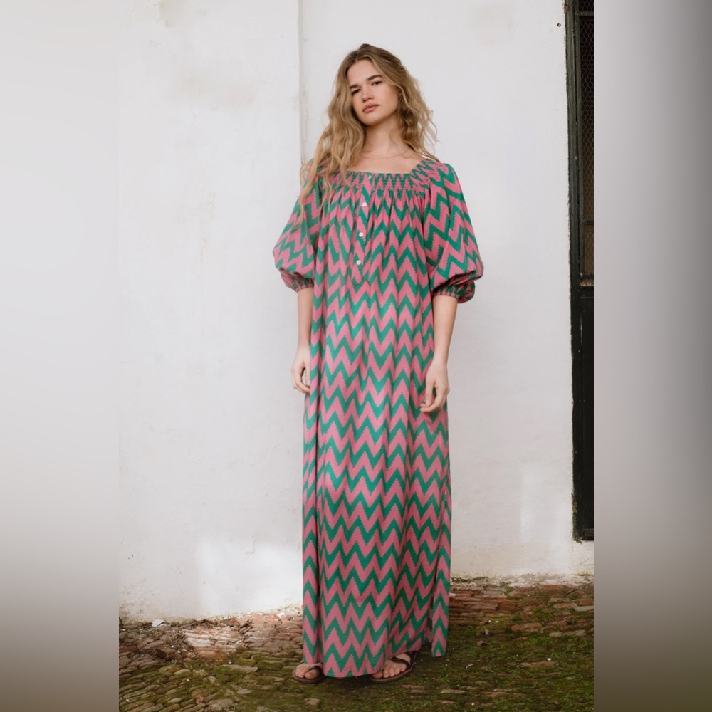 Maxi Chevron Off-Shoulder Dress in Pink and Teal